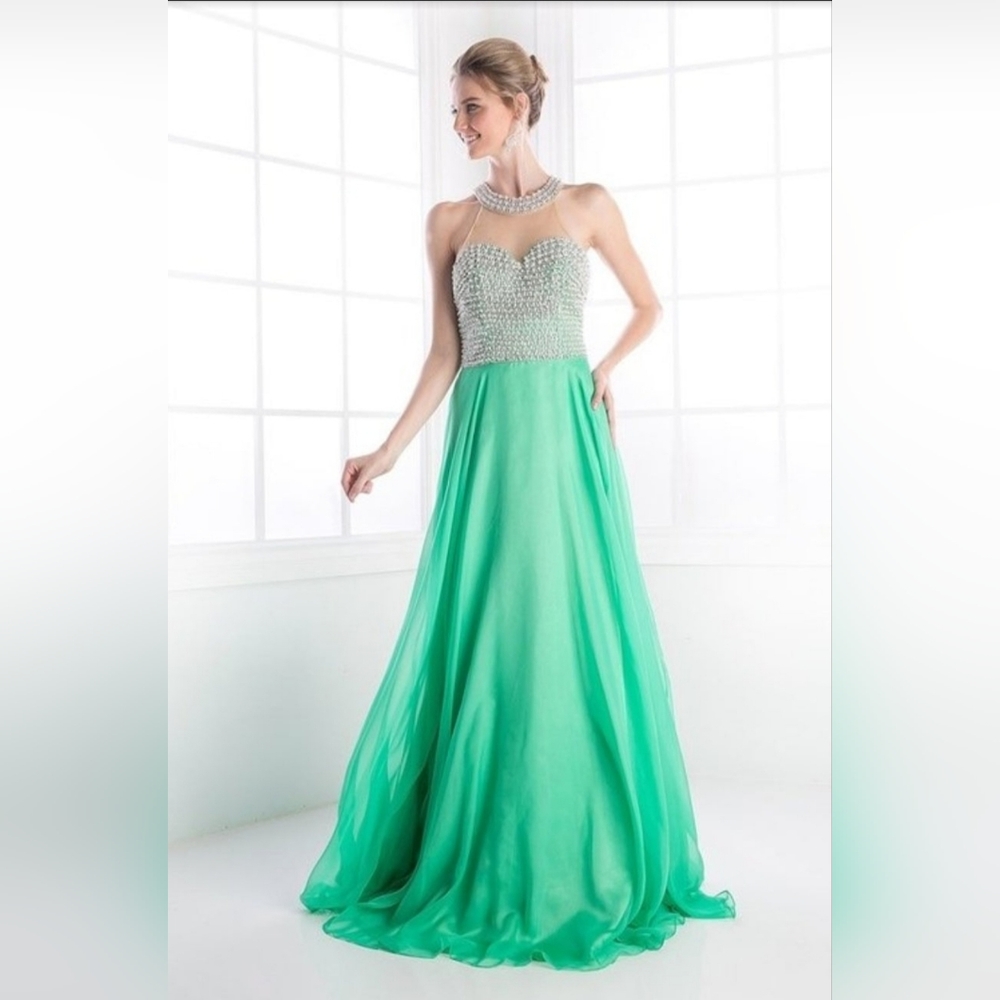 Cinderella Divine Green Chiffon Beaded Gown